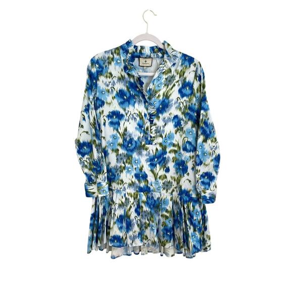 TUCKERNUCK Tate Ikat Blue Green Mini Ruffle Pleated Cotton Poplin Shirt Dress S - Picture 5 of 13